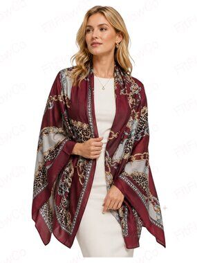 NWT Jessica McClintock Burgundy Baroque Leopard Satin Scarf Wrap 35x70